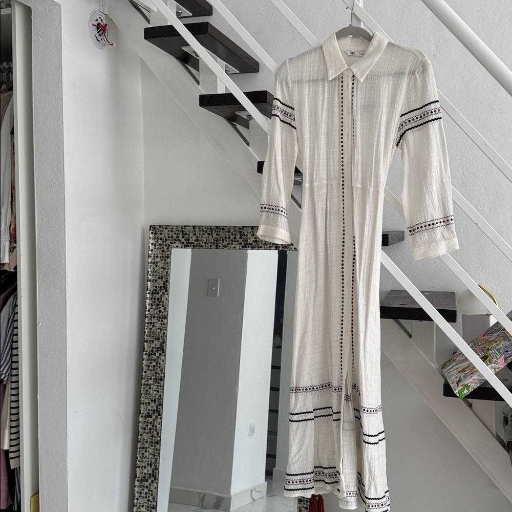 White Long Sleeve Maxi Dress with Black Accents